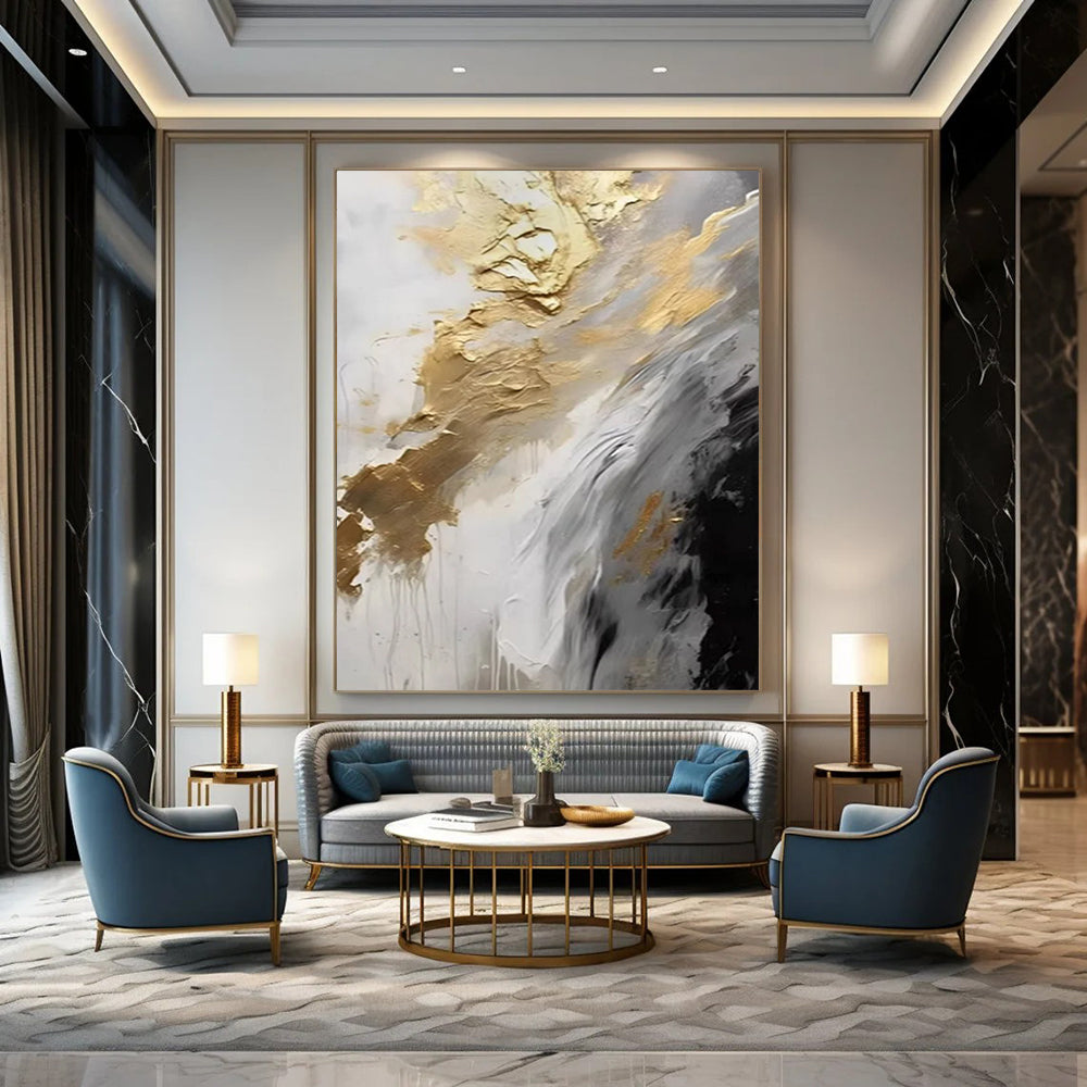 “Gold - White - Gray Flowing Abstract” - Gold, White, Gray Fluid Abstract Painting On Canvas DTP302