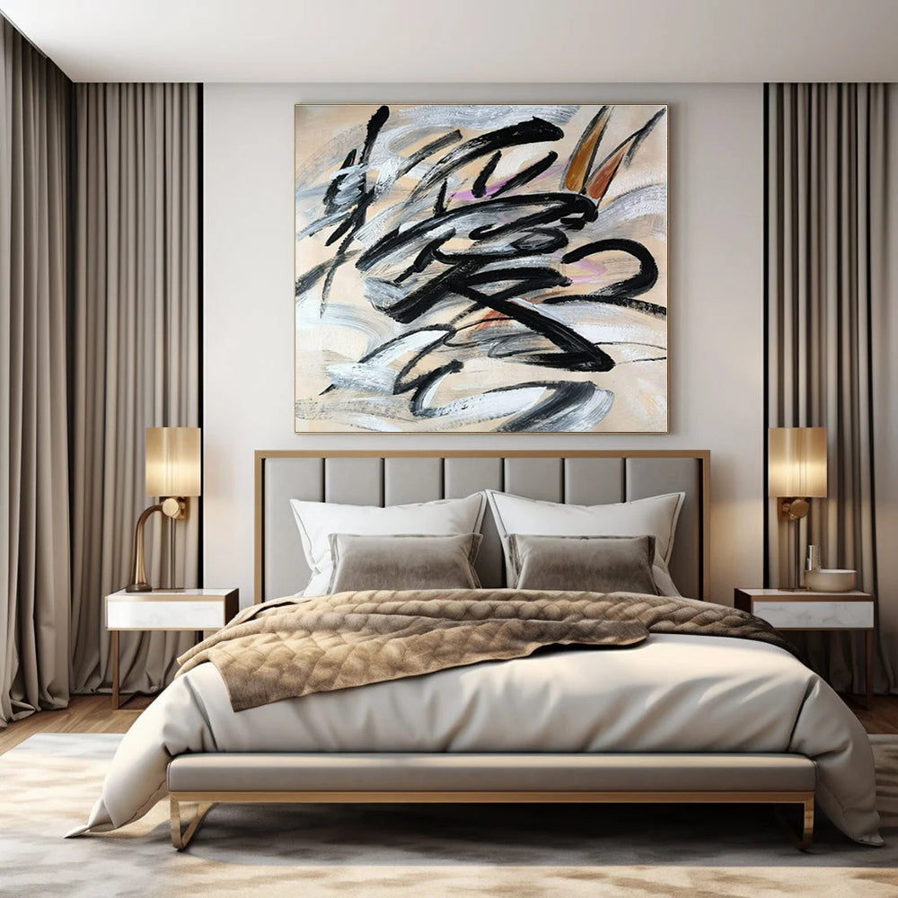 Black Calligraphic Swirls - Abstract Calligraphic Acrylic On Canvas CT1325