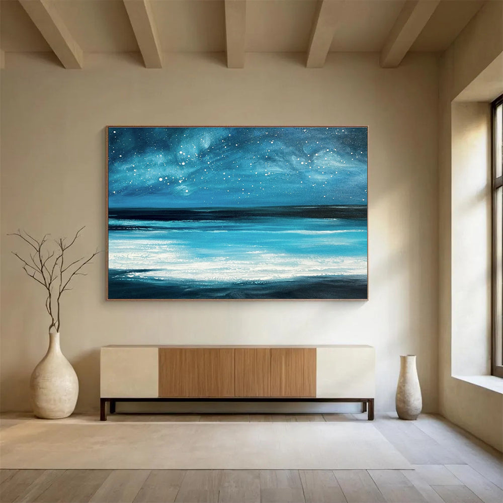 Vibrant Blue Galaxy and Ocean “Celestial Coastal Dream” Painting On Canvas DKH104