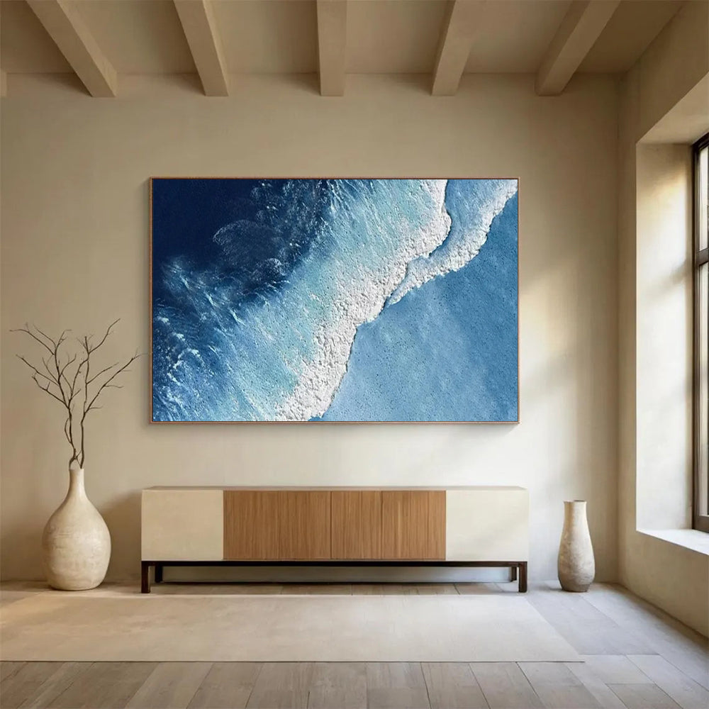 “Aerial Ocean View” - Deep Blue & White Wave Abstract Painting On Canvas DLZ256