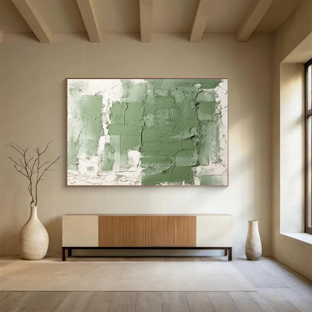 Textured Green and White Abstract Painting On Canvas DKH274