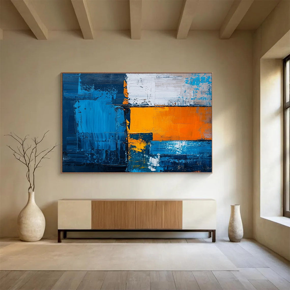 Bold Blue and Orange Geometric Abstract Painting On Canvas DKH273