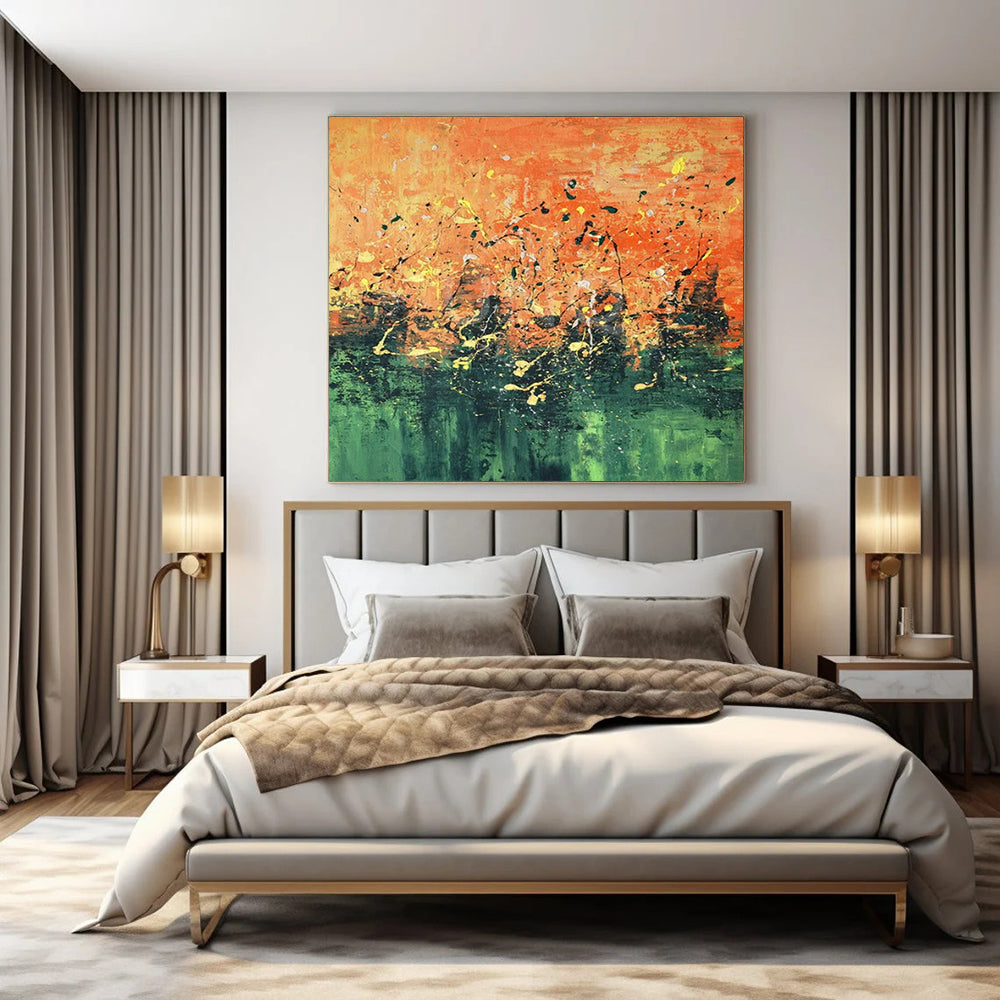 “Orange - Green Splatter Abstract” ,Abstract Expressionist Acrylic Painting CT0926