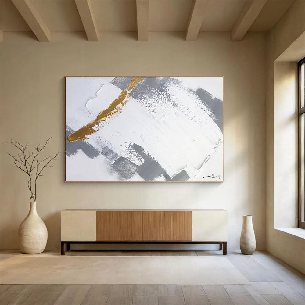 Gold Accent Gray and White Abstract Painting On Canvas DKH317