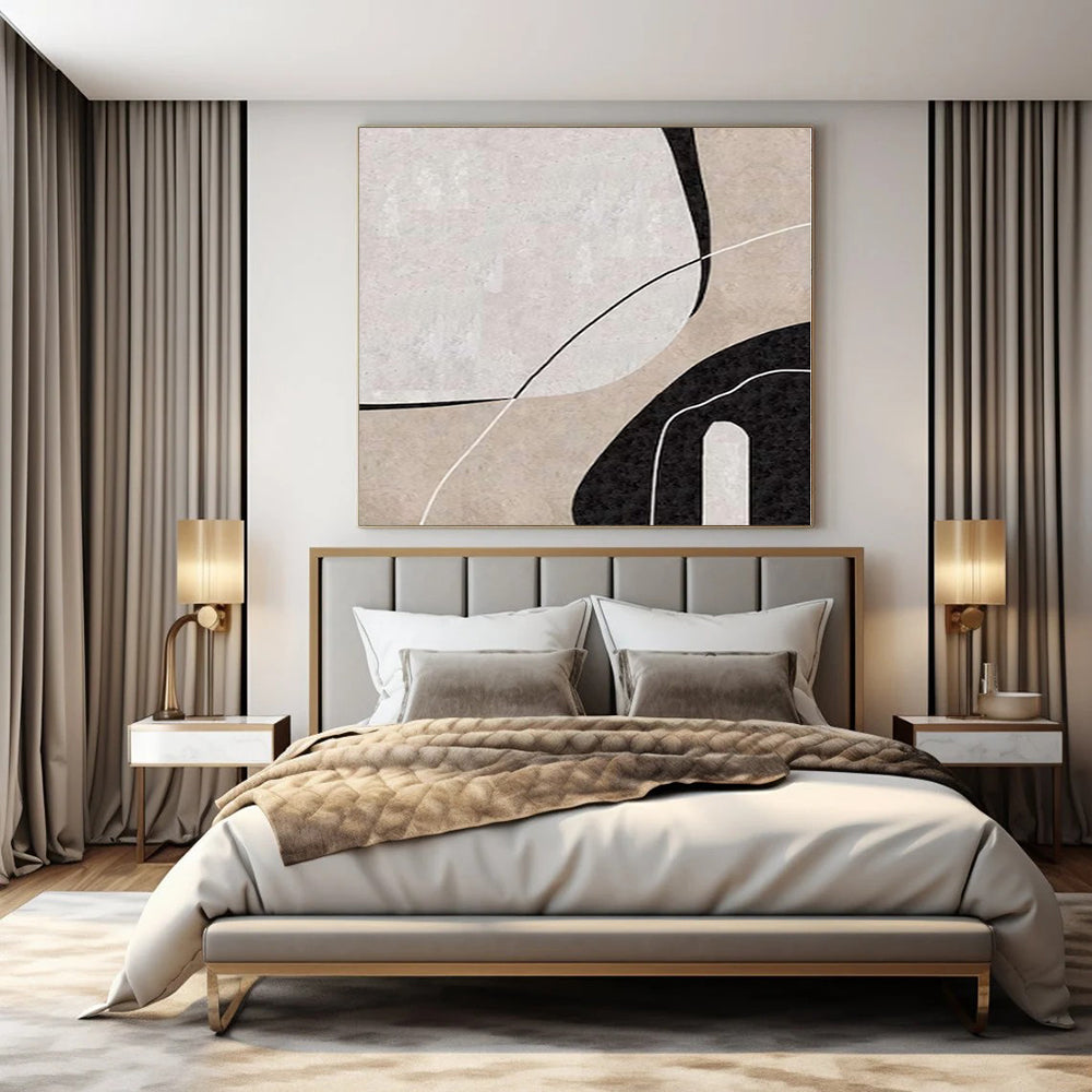 “Beige - Black - White Geometric Curves” – Geometric Abstract Painting CT1162