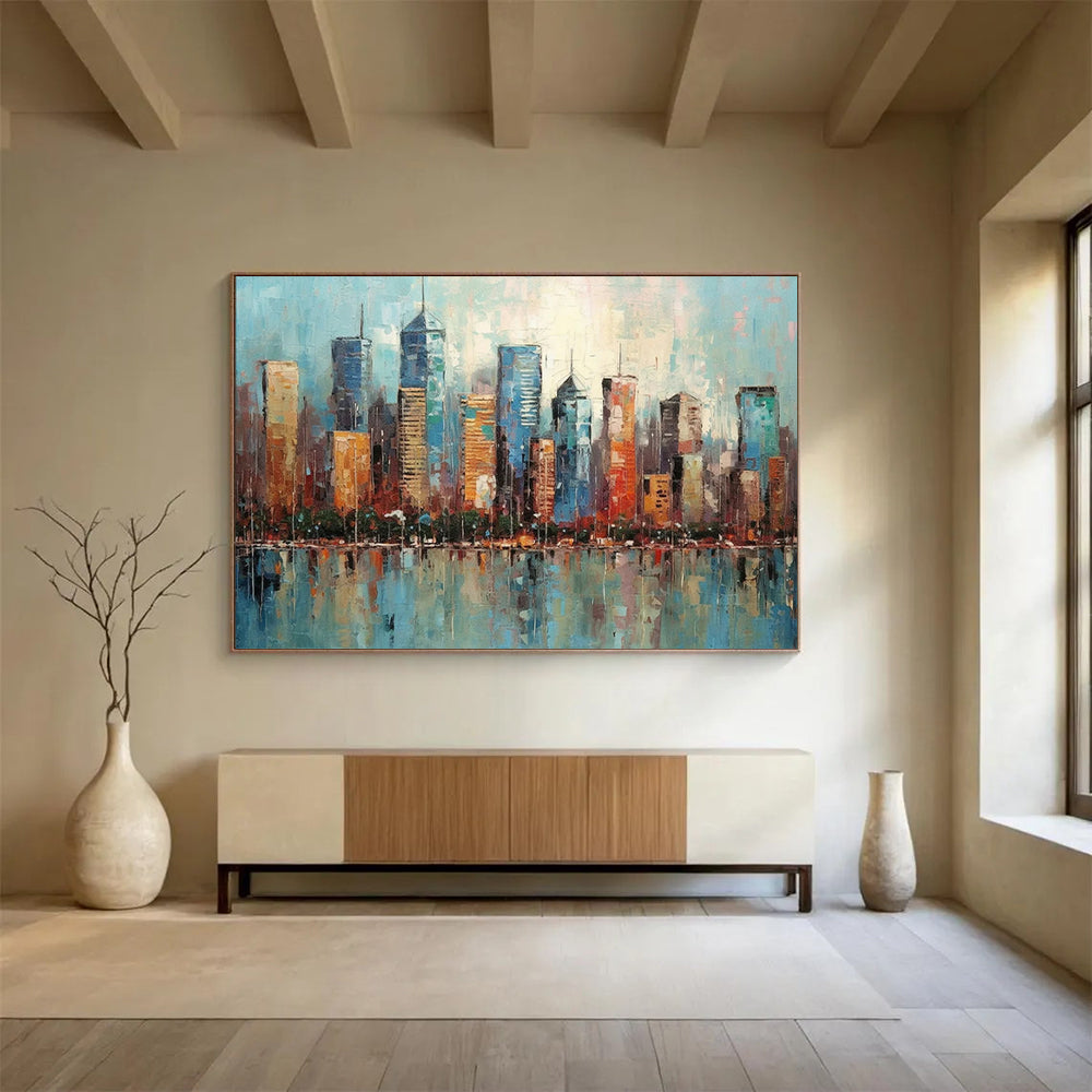 “Colorful Cityscape Reflection” Cityscape Painting On Canvas DLZ077