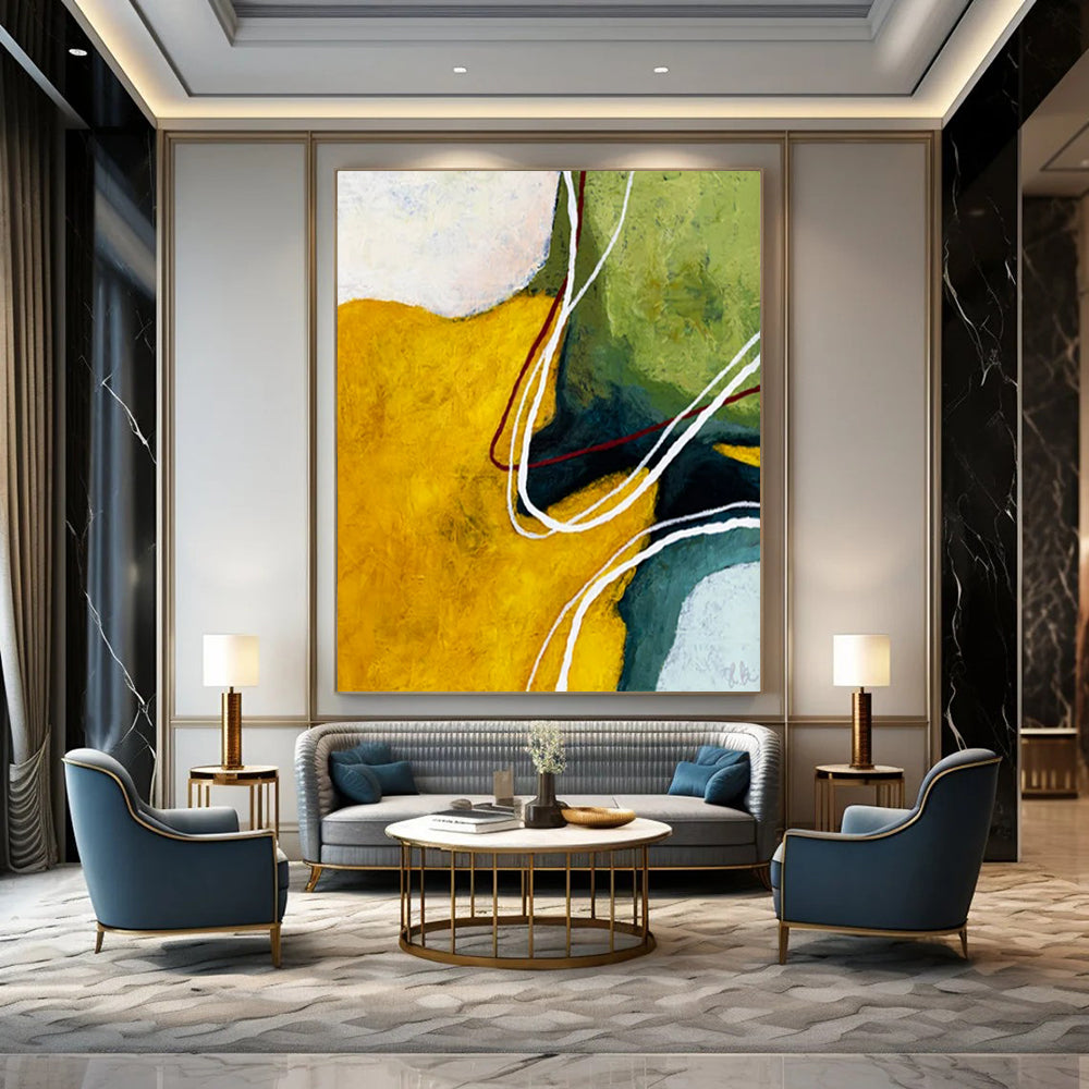 “Vibrant Color Block Abstract - Yellows, Greens, and Flowing Lines” Painting On Canvas CT2386