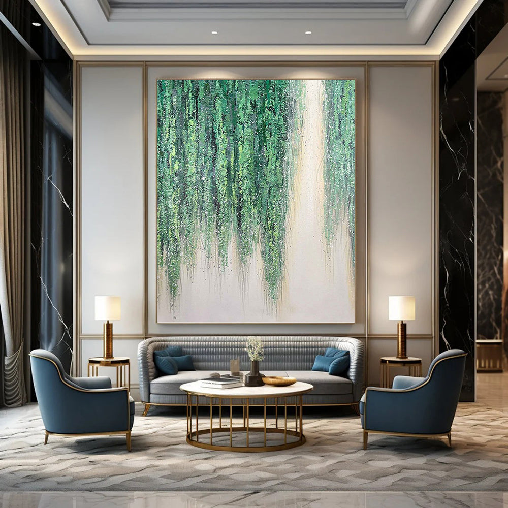 “Willow Whispers” - Green & White Hanging Foliage Painting On Canvas DKH1506