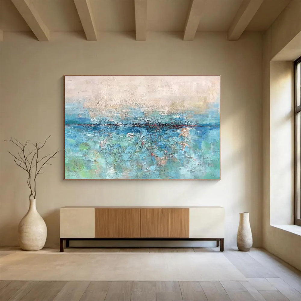 “Blue & Green Textured Waterscape” Impasto Landscape Painting On Canvas DKH355
