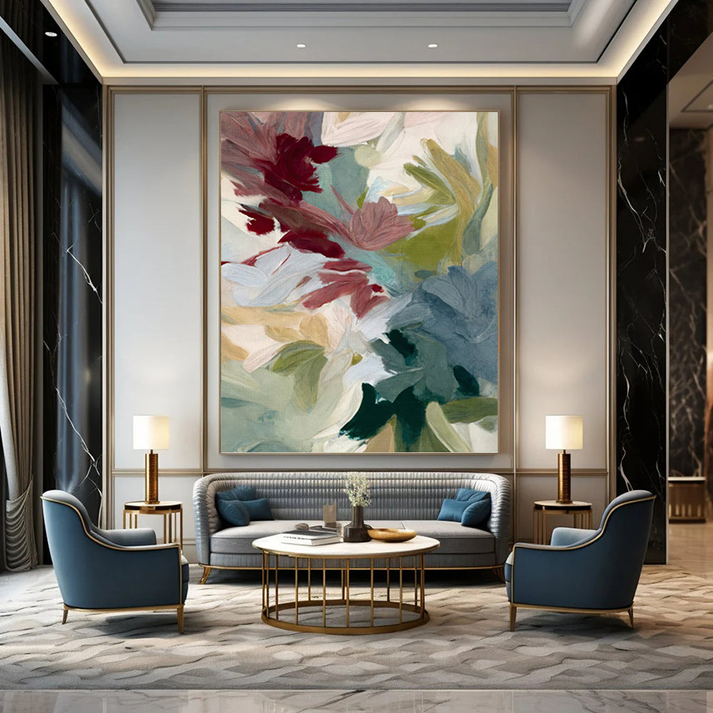 Mauve, Teal, and Green Floral Abstract - Contemporary Flower Painting On Canvas DKH1351