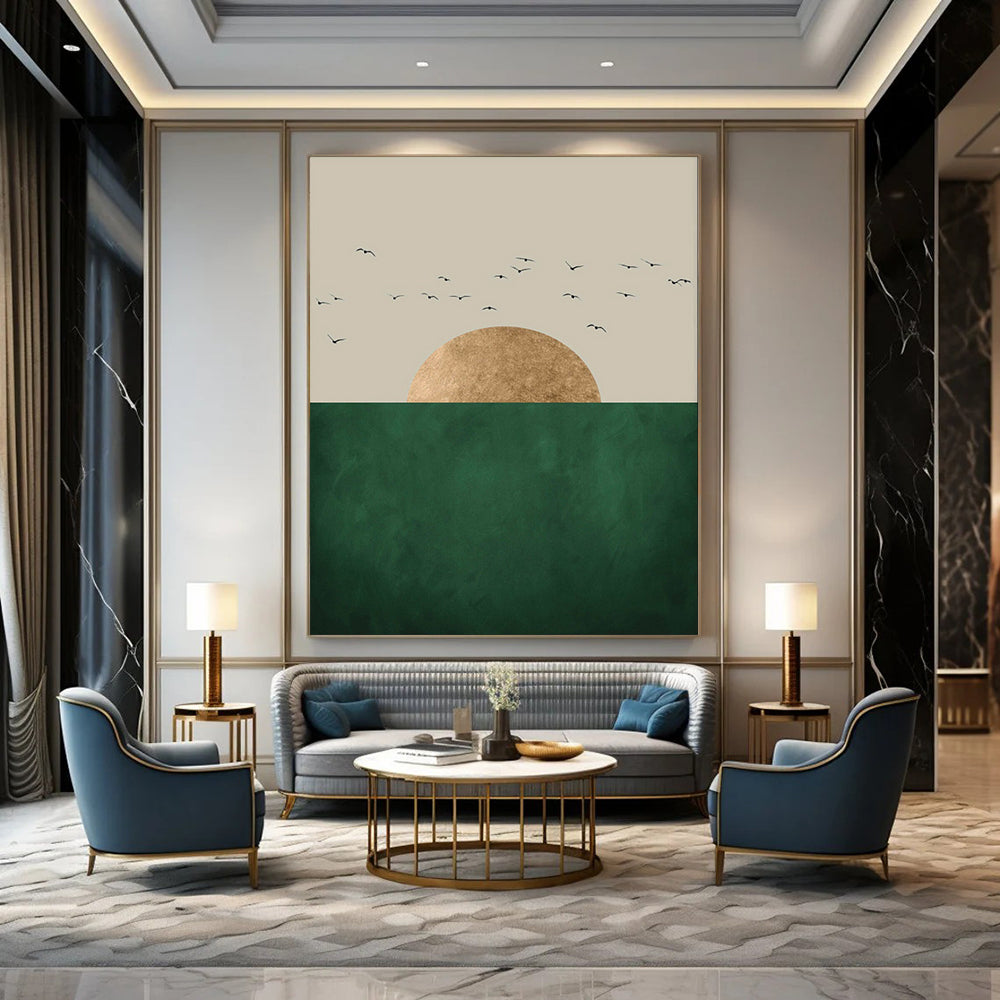 Golden Sun Green Horizon Black Birds Minimalist Nature Inspired Art CT1921