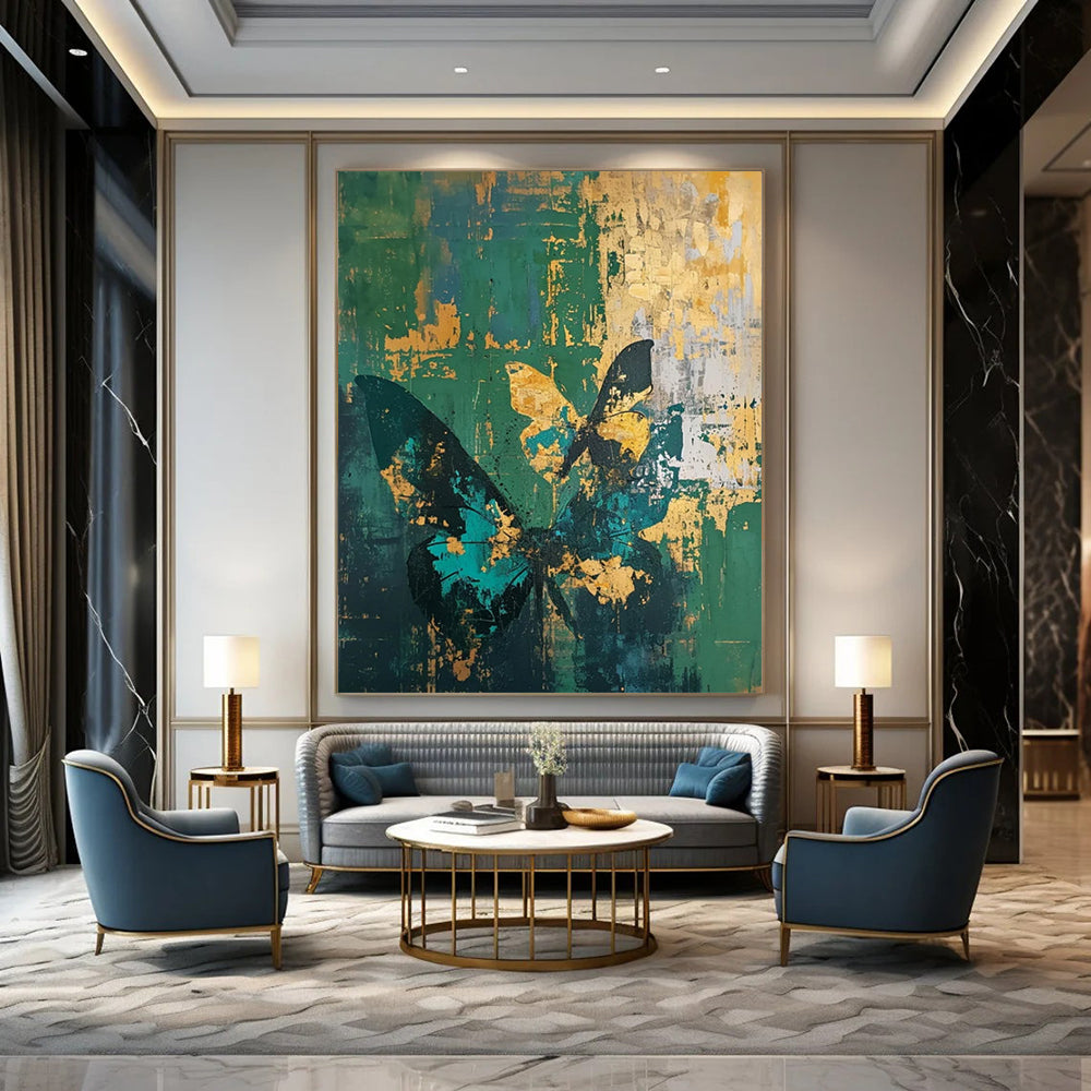 Green & Gold Butterfly Abstract - Nature - Inspired Abstract Painting On Canvas CT2287