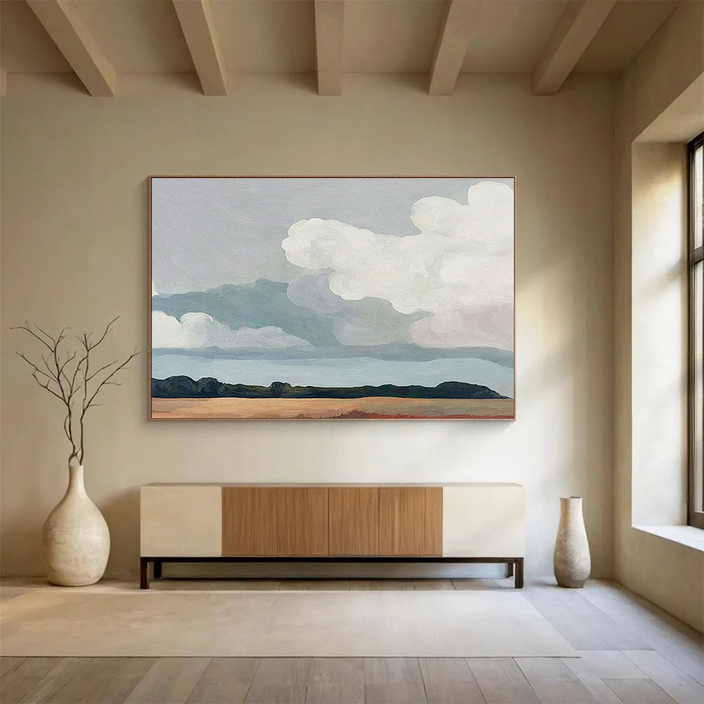 “Soft Clouds Over Earthy Field” - Minimalist Landscape Painting On Canvas DKH793