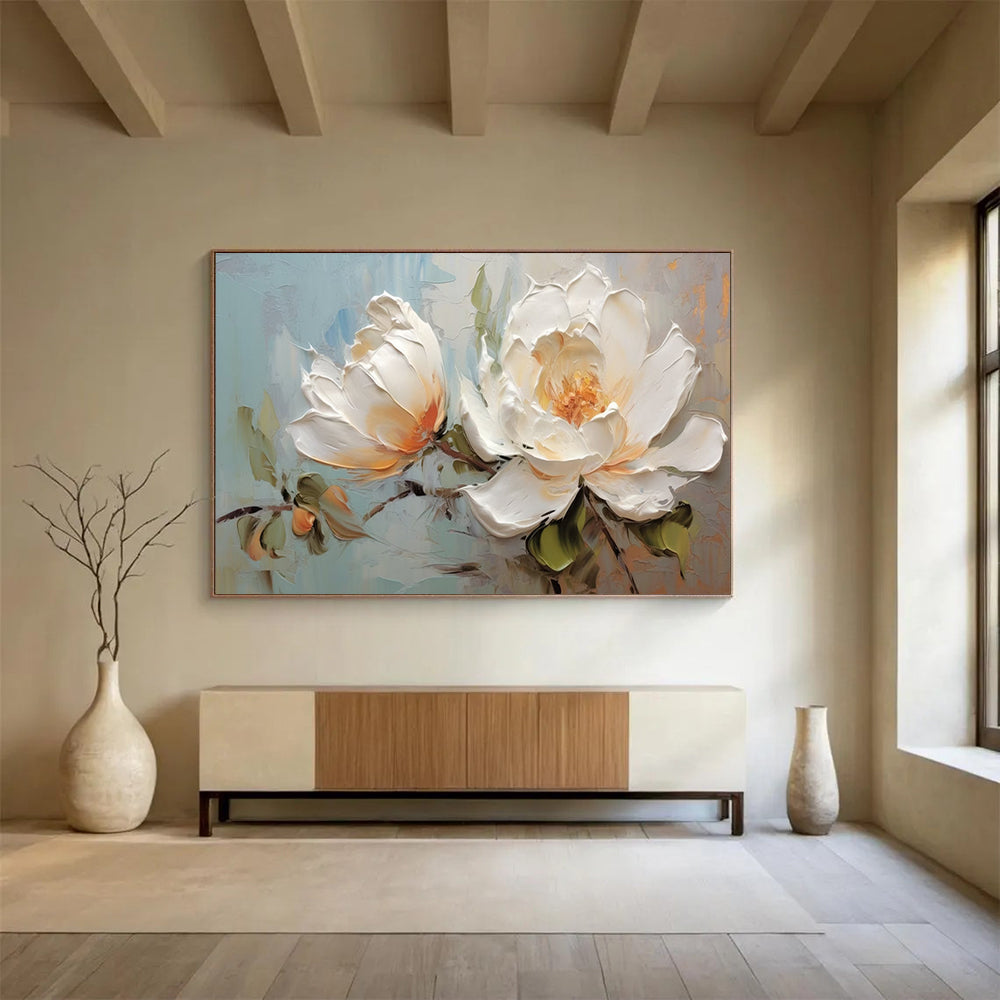 White Peonies with Textured Petals - Impasto Floral Painting On Canvas DLZ174