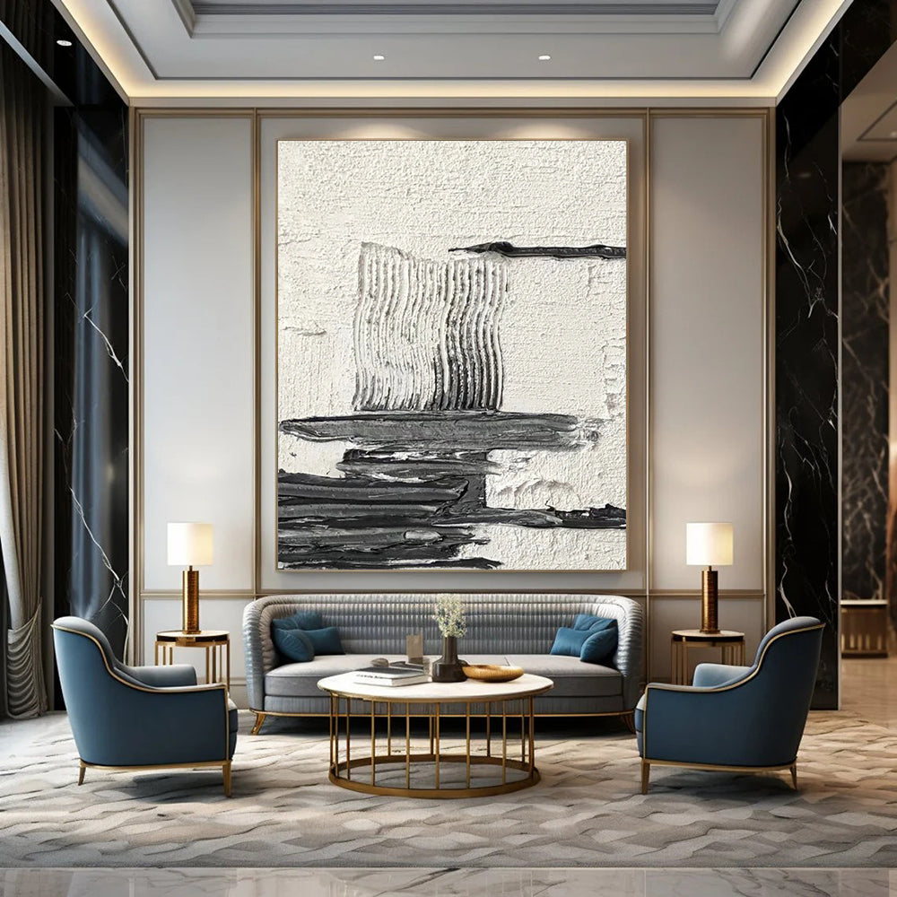 “White, Black Textured Layers ‘Calm Complexity’” - Impasto Abstract Painting On Canvas DTP388