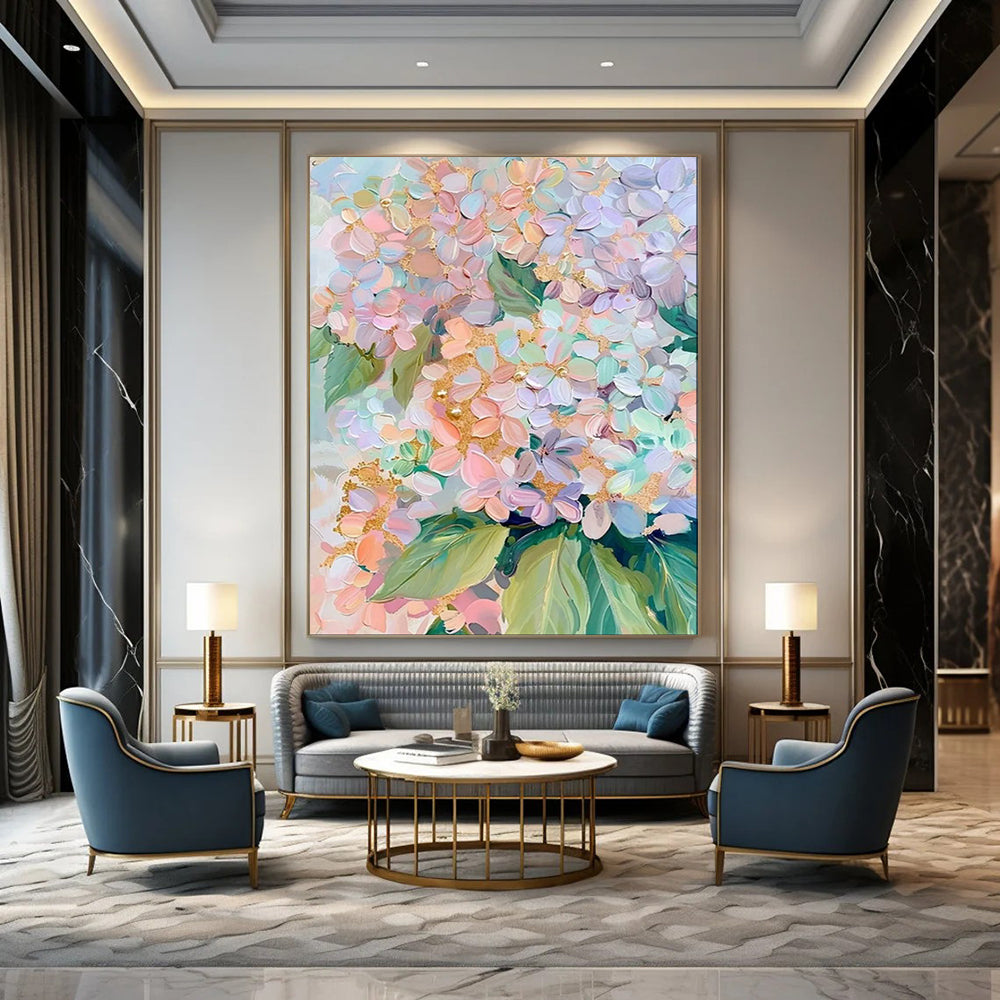 “Pastel Hydrangeas with Gold” – Impasto Floral Painting On Canvas CT2111