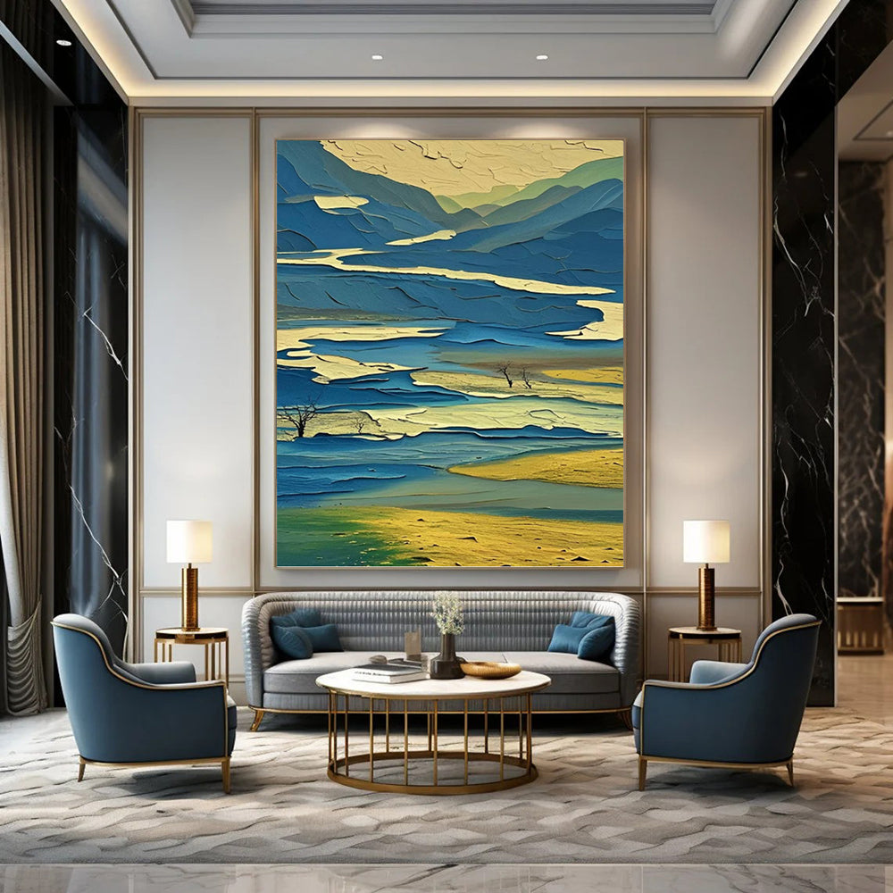 “Colorful Layered Landscape” - Blue, Green & Yellow Cubist - Inspired Painting On Canvas DKH0963