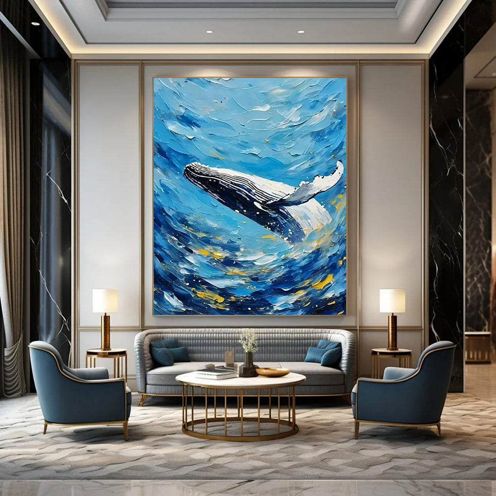 Blue - White Whale in Waves - Seascape - Inspired Impasto Painting On Canvas CT2282