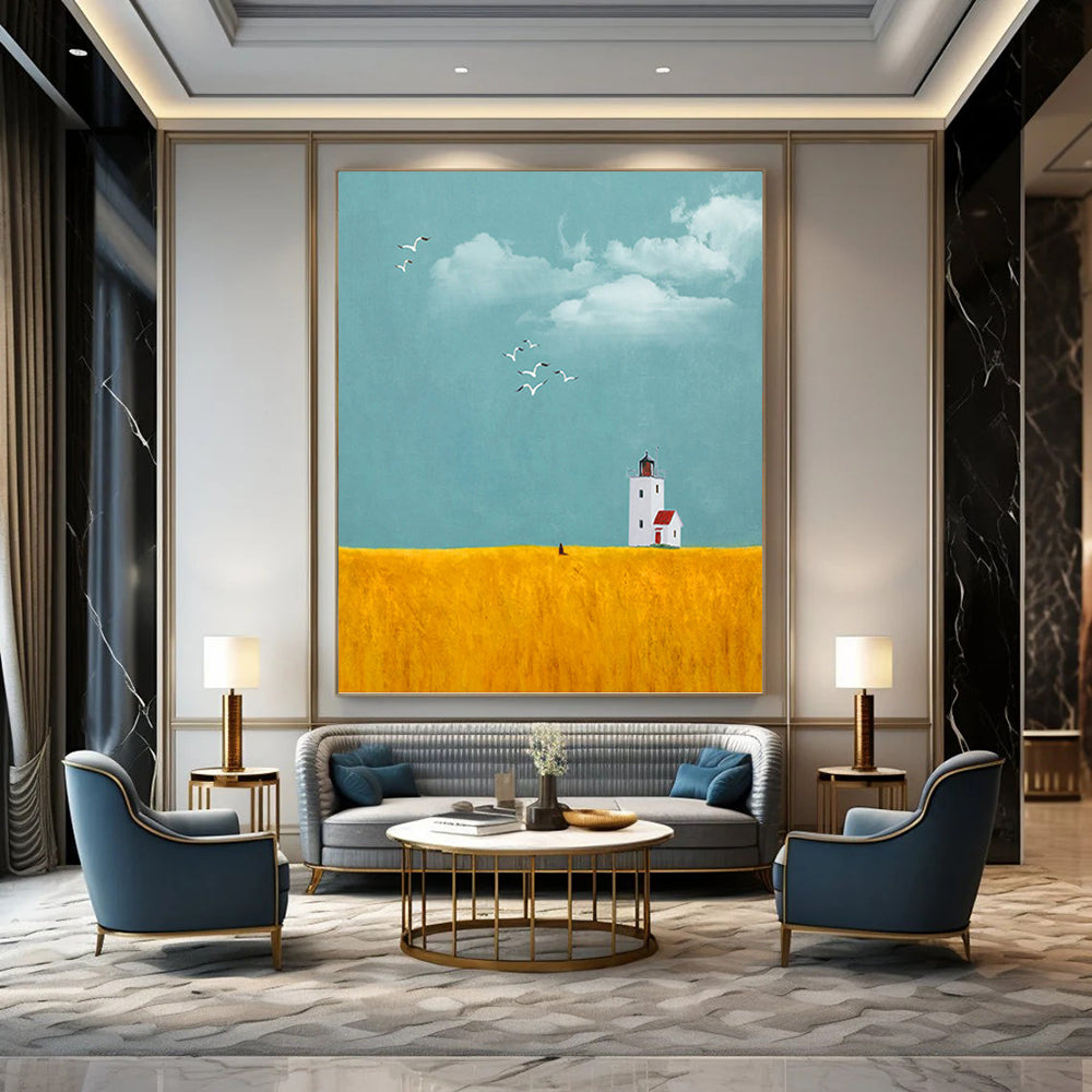 Lighthouse in Golden Field Under Blue Sky - Landscape Painting On Canvas DKH1429