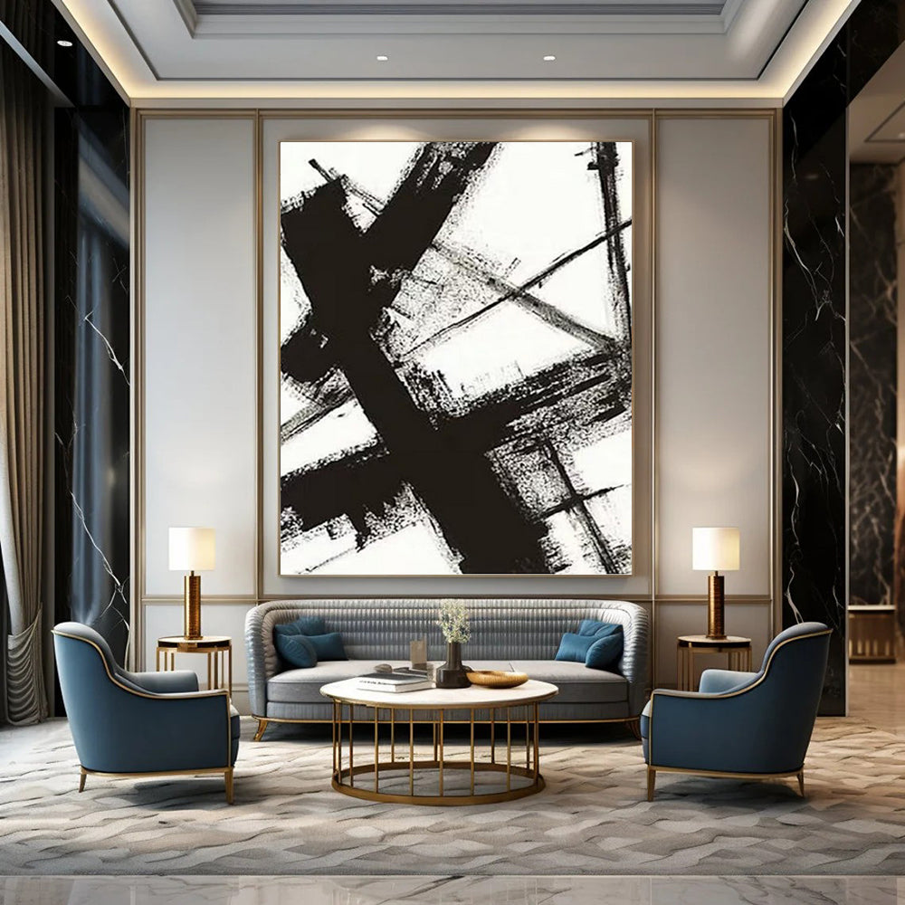 “Black & White Abstract Strokes” - Black & White Bold Minimalist Painting On Canvas DKH1028