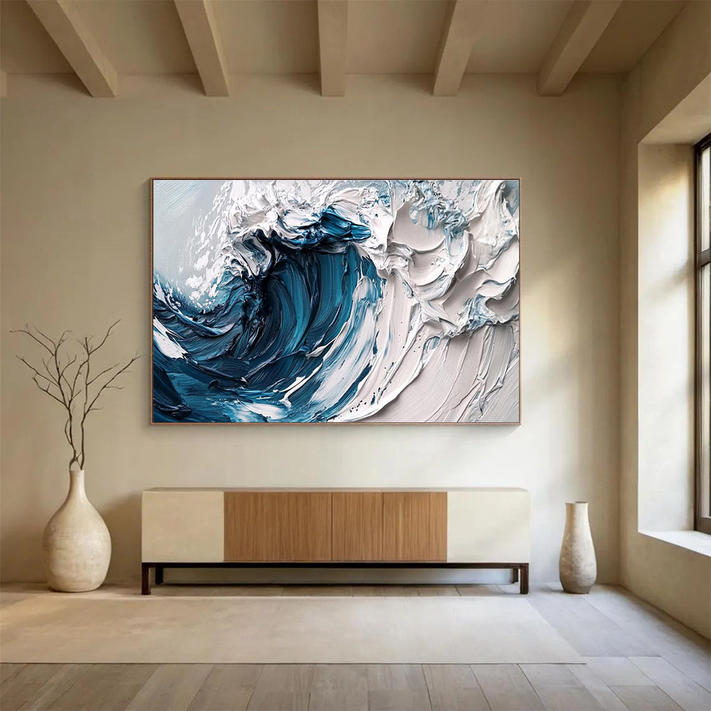 Crashing Wave - Deep Blue & White Impasto Seascape Painting On Canvas DKH873