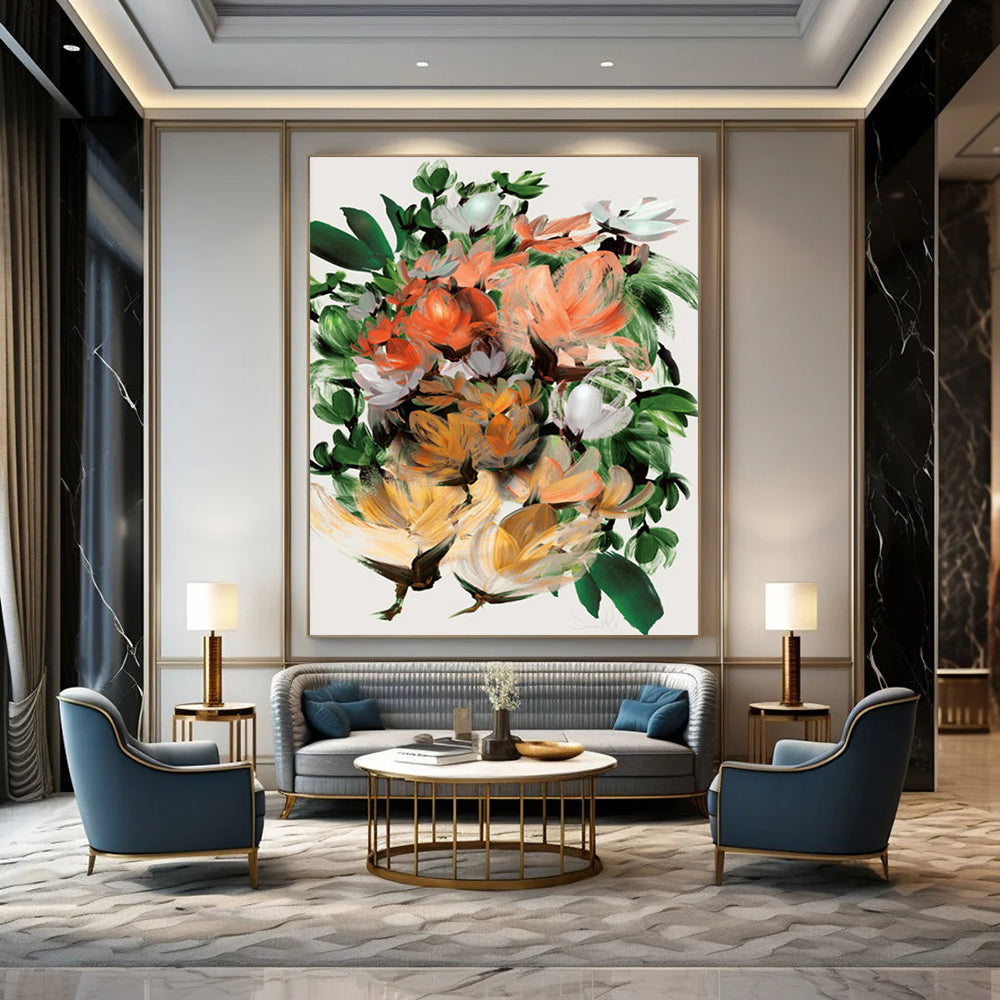 “Lush Floral Bouquet” - Orange, Green, White Abstract Painting On Canvas DTP217
