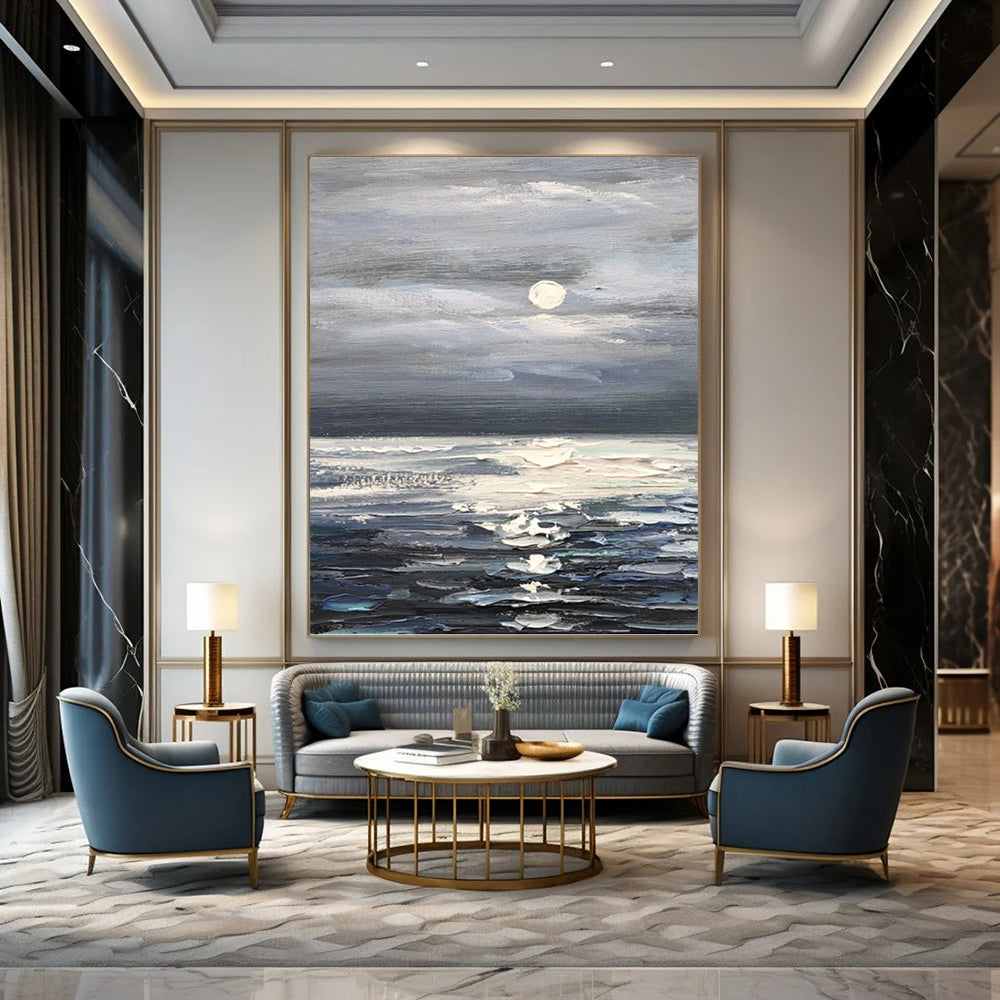 Moonlit Ocean in Gray and Blue - Impressionistic Seascape Painting On Canvas DKH1293