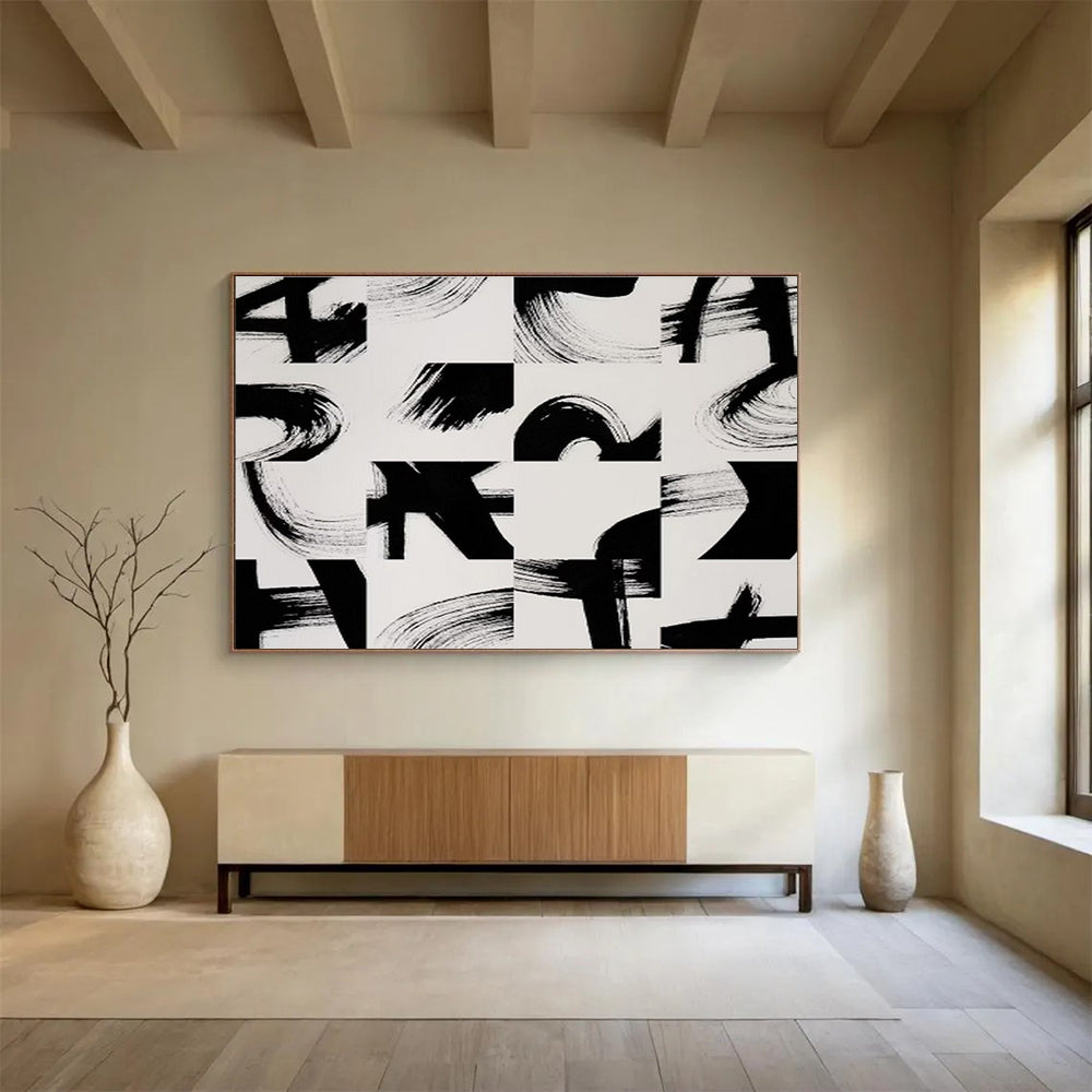 “Black - White Brush Strokes” Abstract Minimalist Painting On Canvas DKH447