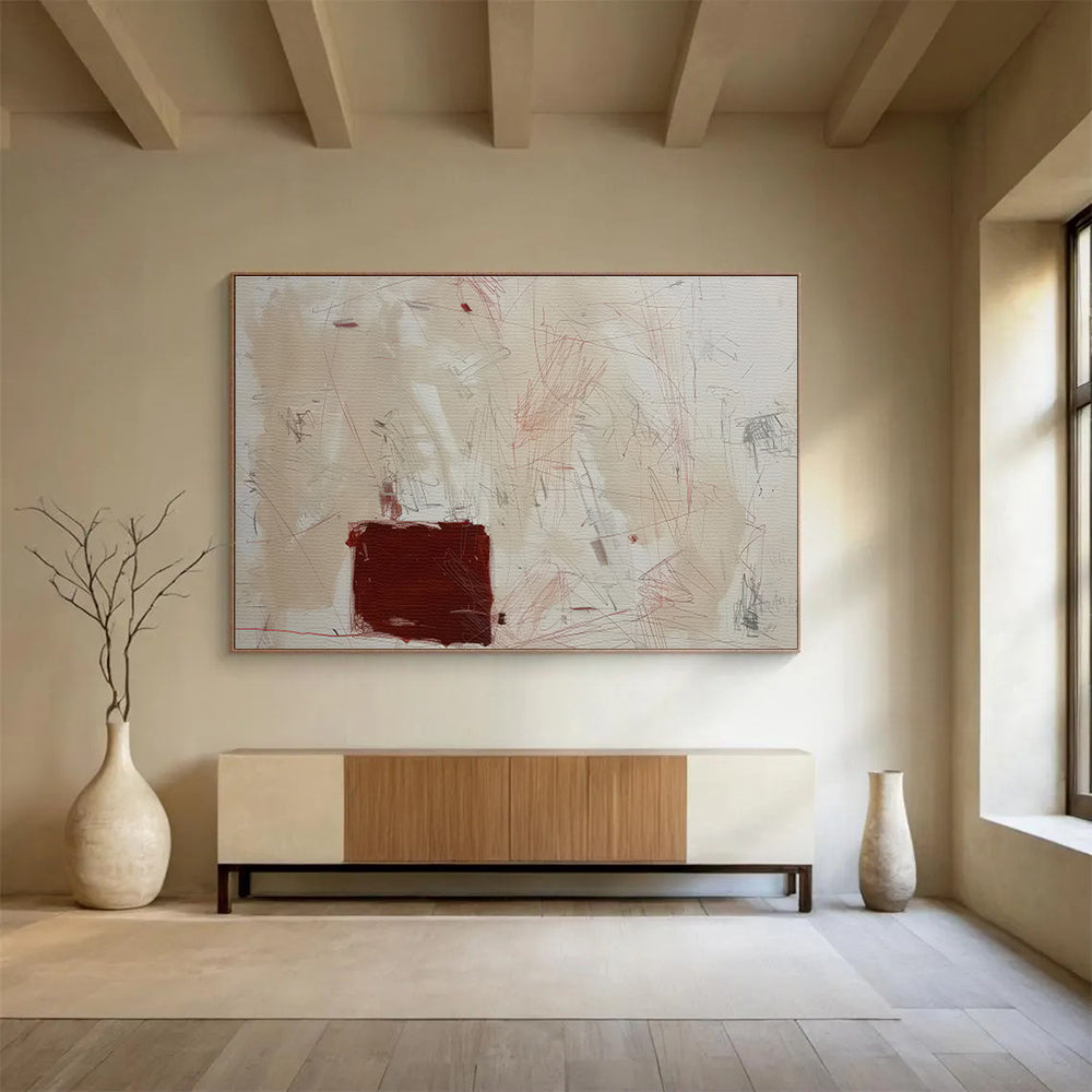 Beige, Red, and Gray Abstract “Subtle Creative Markings” Painting On Canvas DKH146