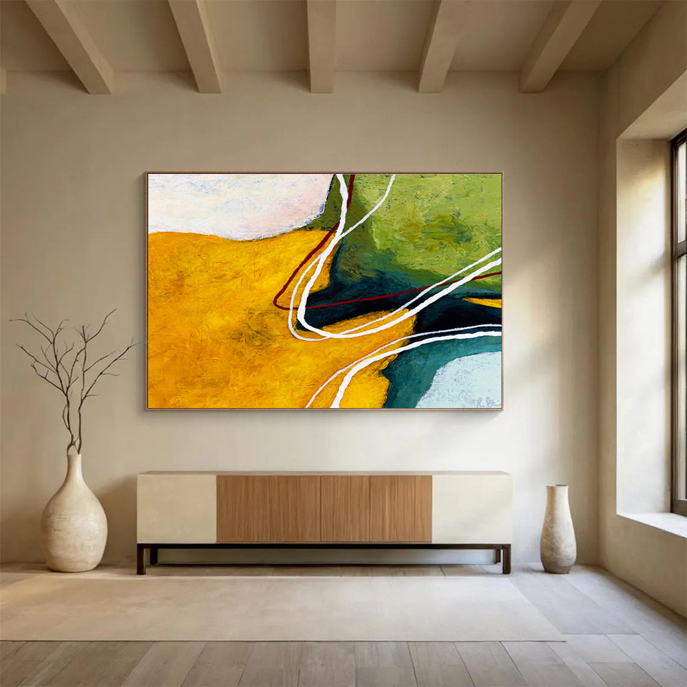 “Yellow - Green with Curved Lines” Abstract Acrylic Painting On Canvas DKH551
