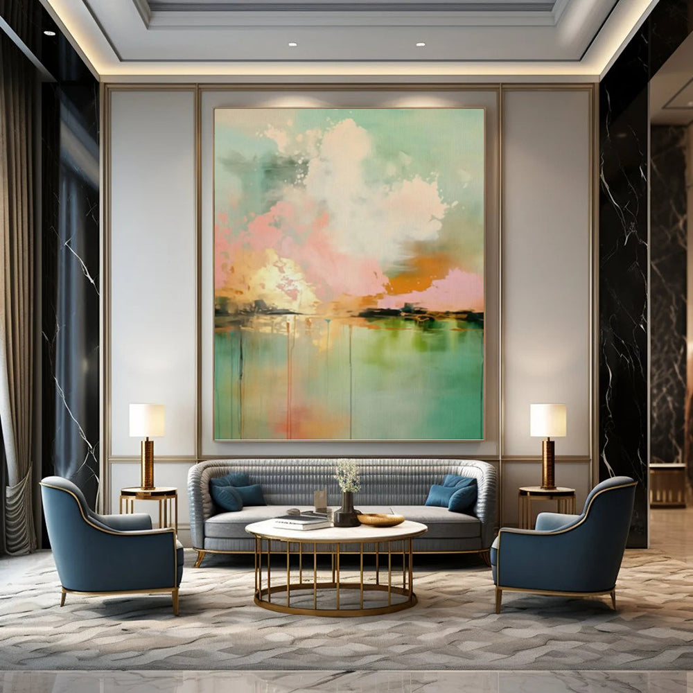 “Teal, Pink & Orange Abstract Sky Reflection” Painting On Canvas DKH0994