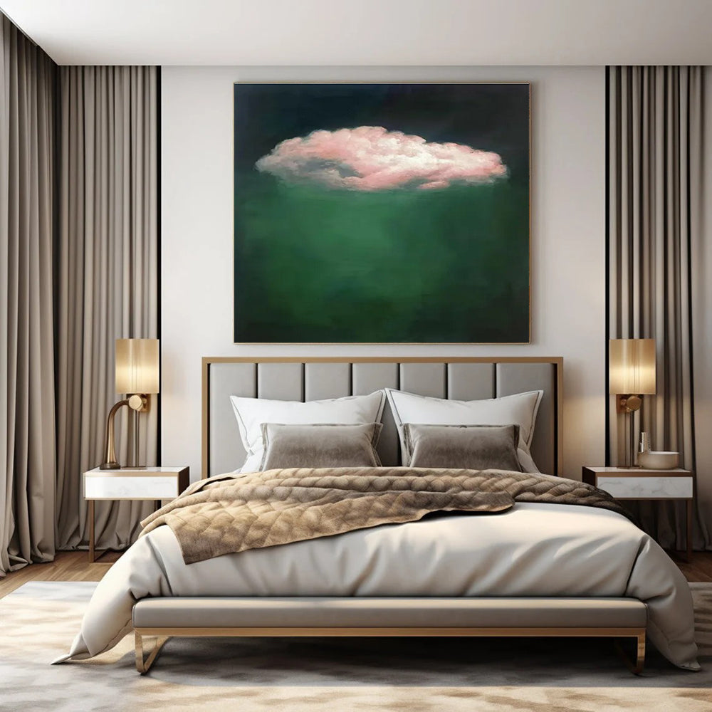 Pink Cloud, Deep Green Background - "Floating Fantasy" - Surrealist Oil Painting CT1442