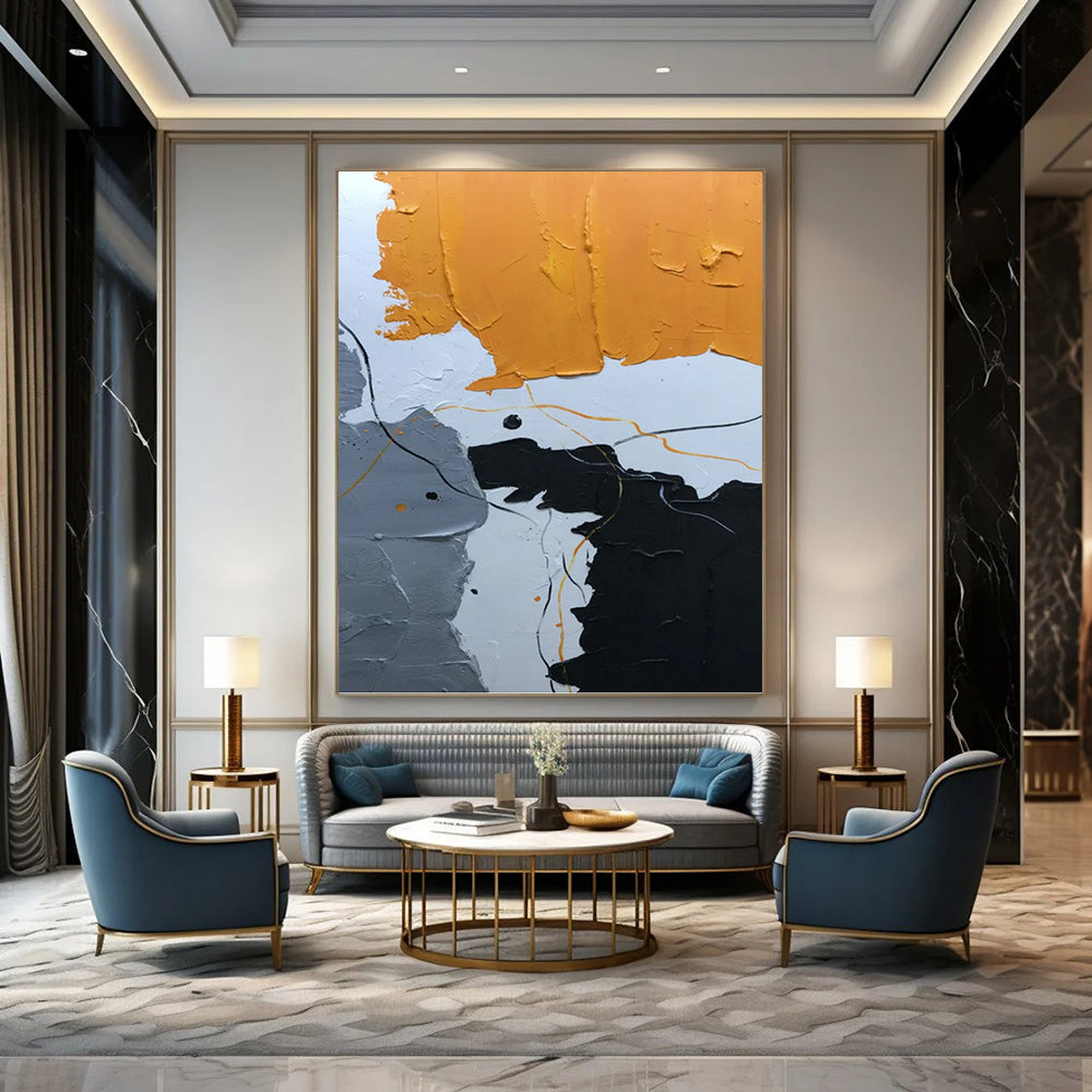 Orange, Gray, Black, and Line Abstract - Abstract Painting On Canvas DKH1334