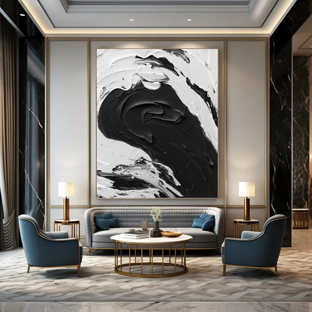 “Dynamic Black - White Wave Impasto” - Abstract Seascape - Inspired Painting On Canvas DKH1679