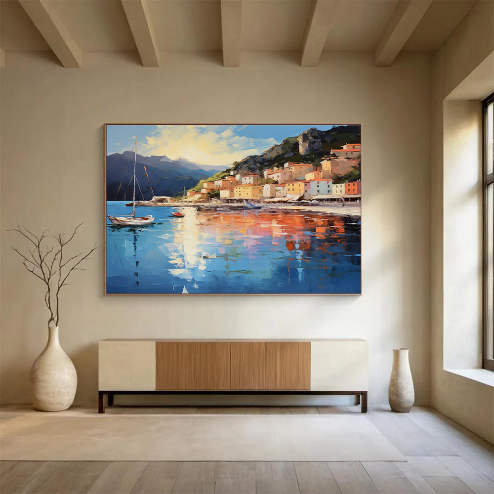 Coastal Village - Bright Blue & Warm Orange Impressionistic Town Painting On Canvas DKH877