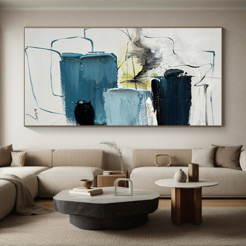 Blue, Black, White & Yellow Abstract Layers, “Oceanic Pulse” - Impasto Abstract Painting CT0779