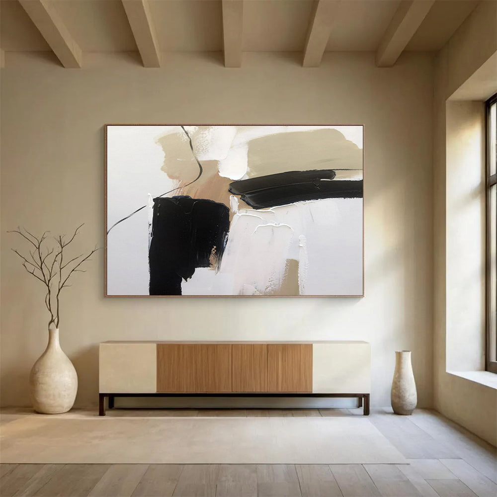 Minimalist Black and Beige Abstract Painting On Canvas DKH313