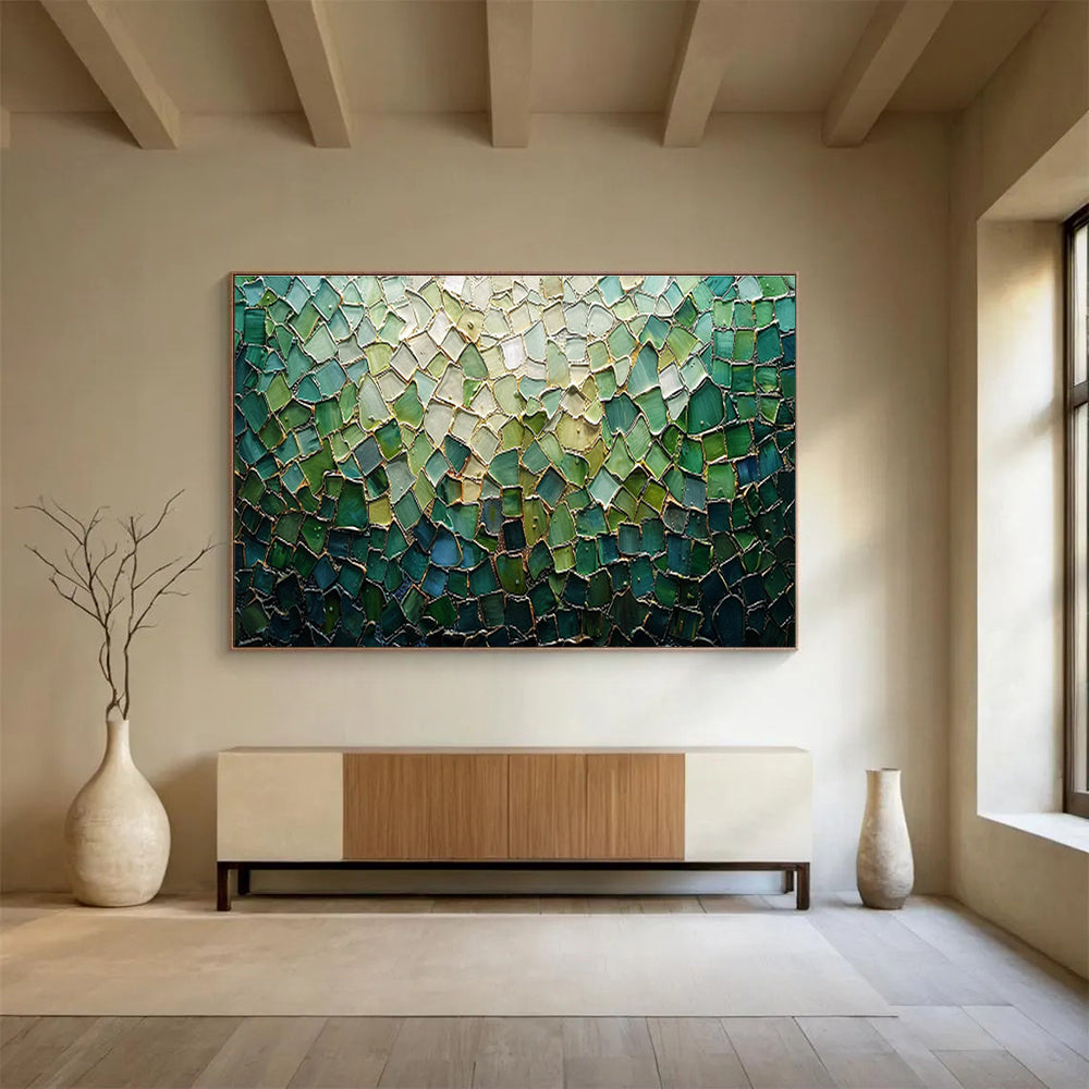 “Green Mosaic Glass” - Green, Blue, Gold Mosaic Artwork On Canvas DKH759