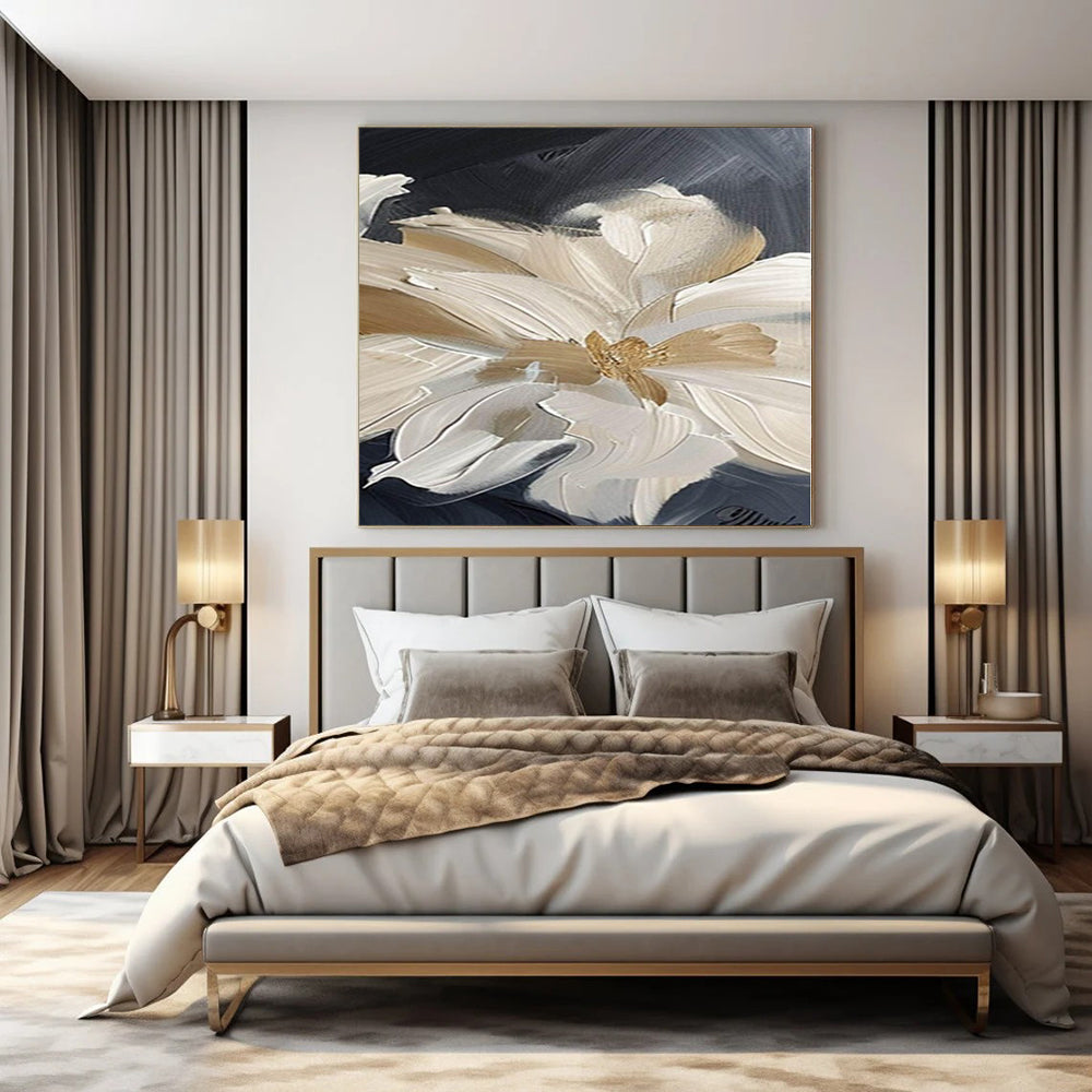 “Textured Beige - White Floral on Black (Close - up)” – Impasto Floral Painting CT1092