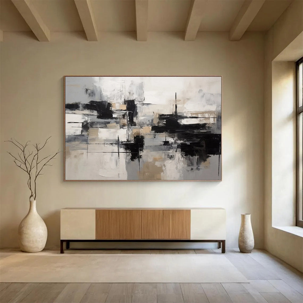 “Black, White & Beige Geometric Abstraction” Geometric Abstract Painting On Canvas DKH335
