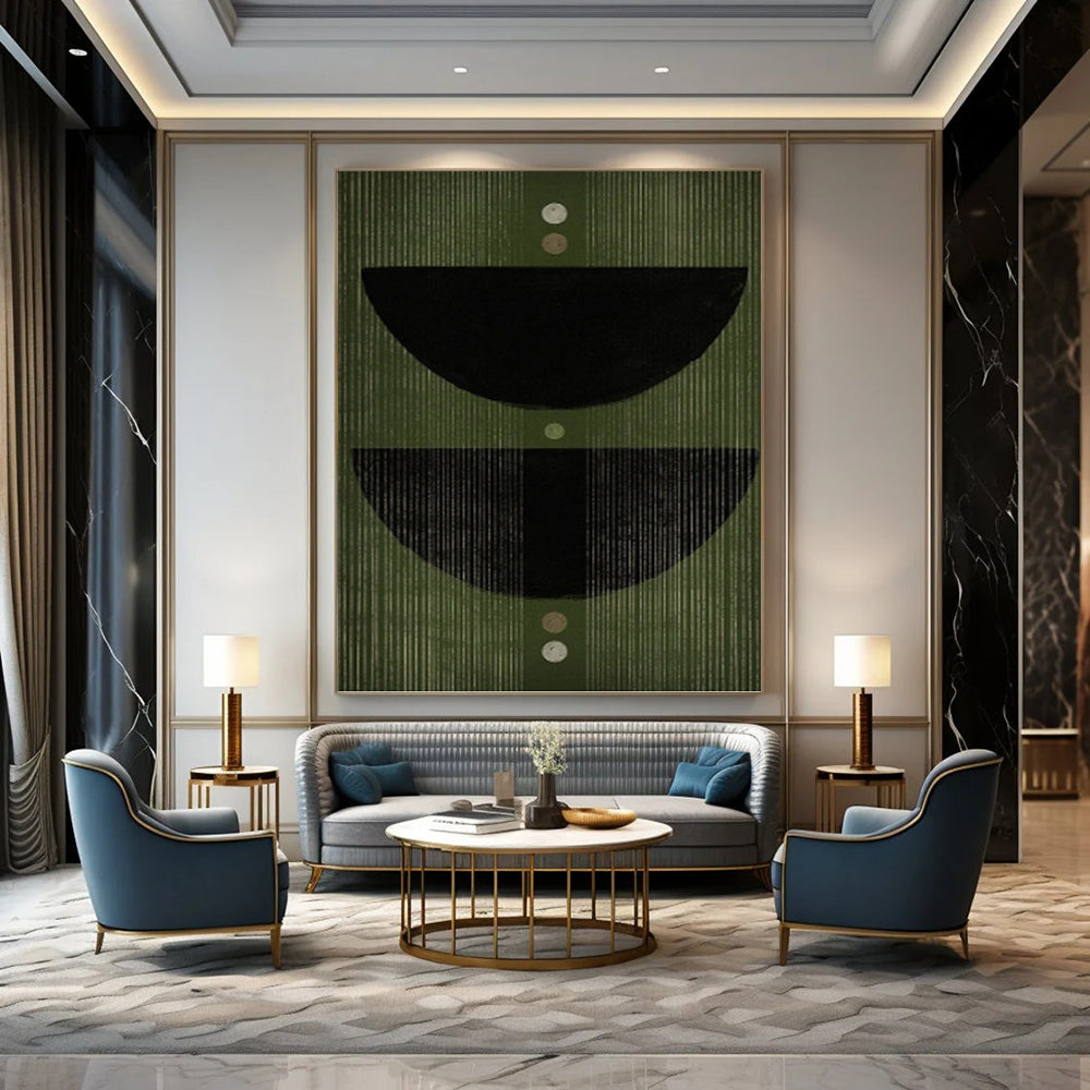 Green Geometric Semi - Circles and Dots - Geometric Abstract Painting On Canvas DKH1380