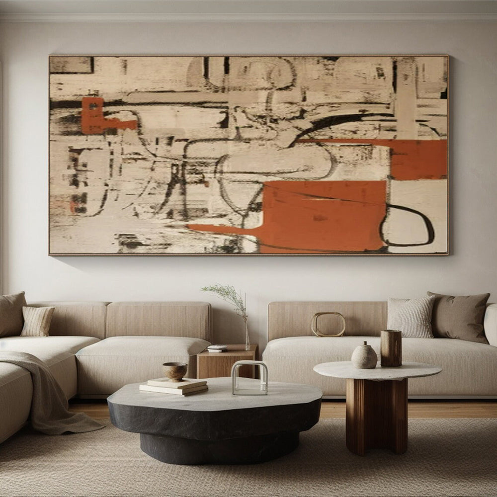 “Beige - Black - Orange Abstract Networks” ,Abstract Oil Painting CT0835