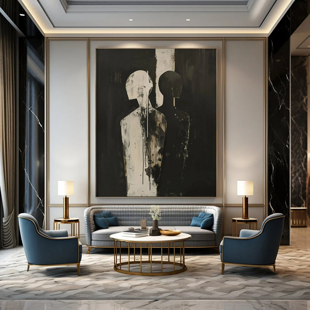 “Black and White Abstract Figures” – Expressionistic Oil Painting On Canvas CT2171