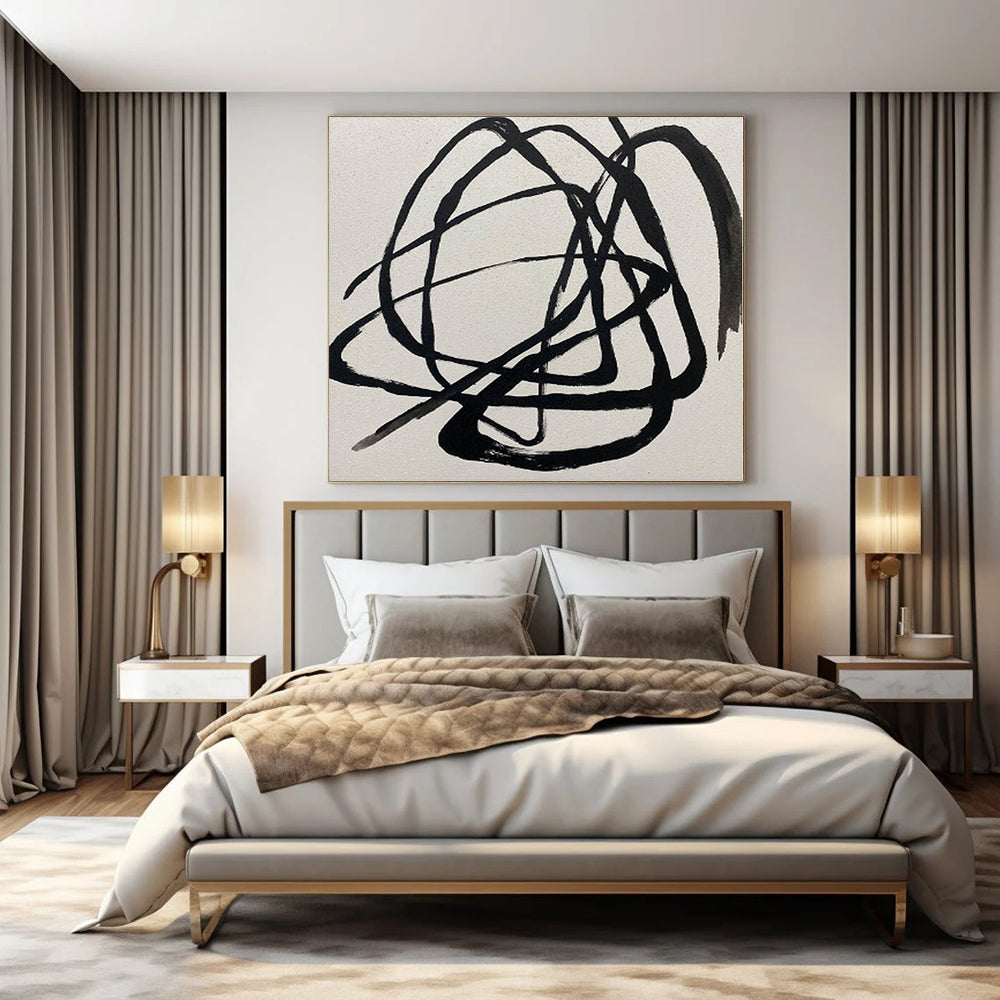“Black Tangled Lines on White” – Expressive Abstract Painting CT1116