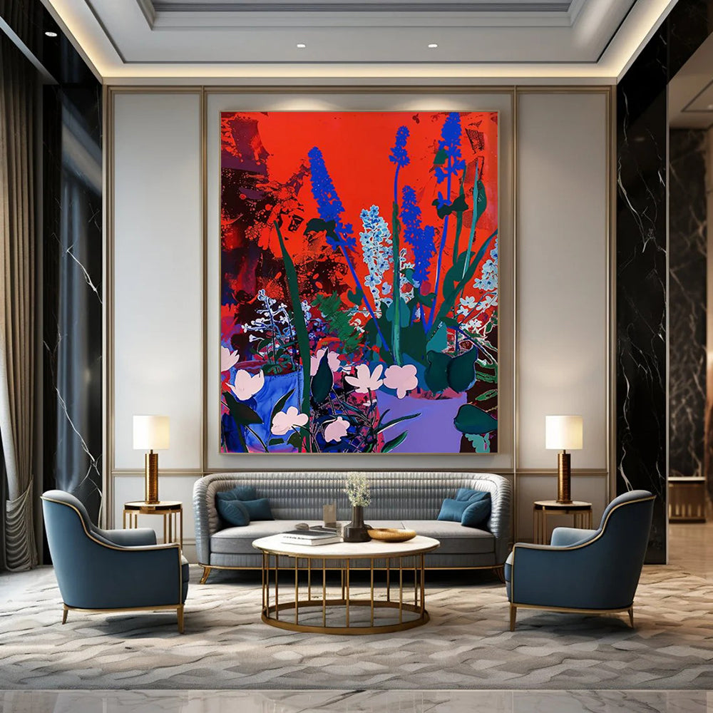 “Blue Flowers on Red” - Pop Art - Inspired Floral Painting On Canvas DTP100