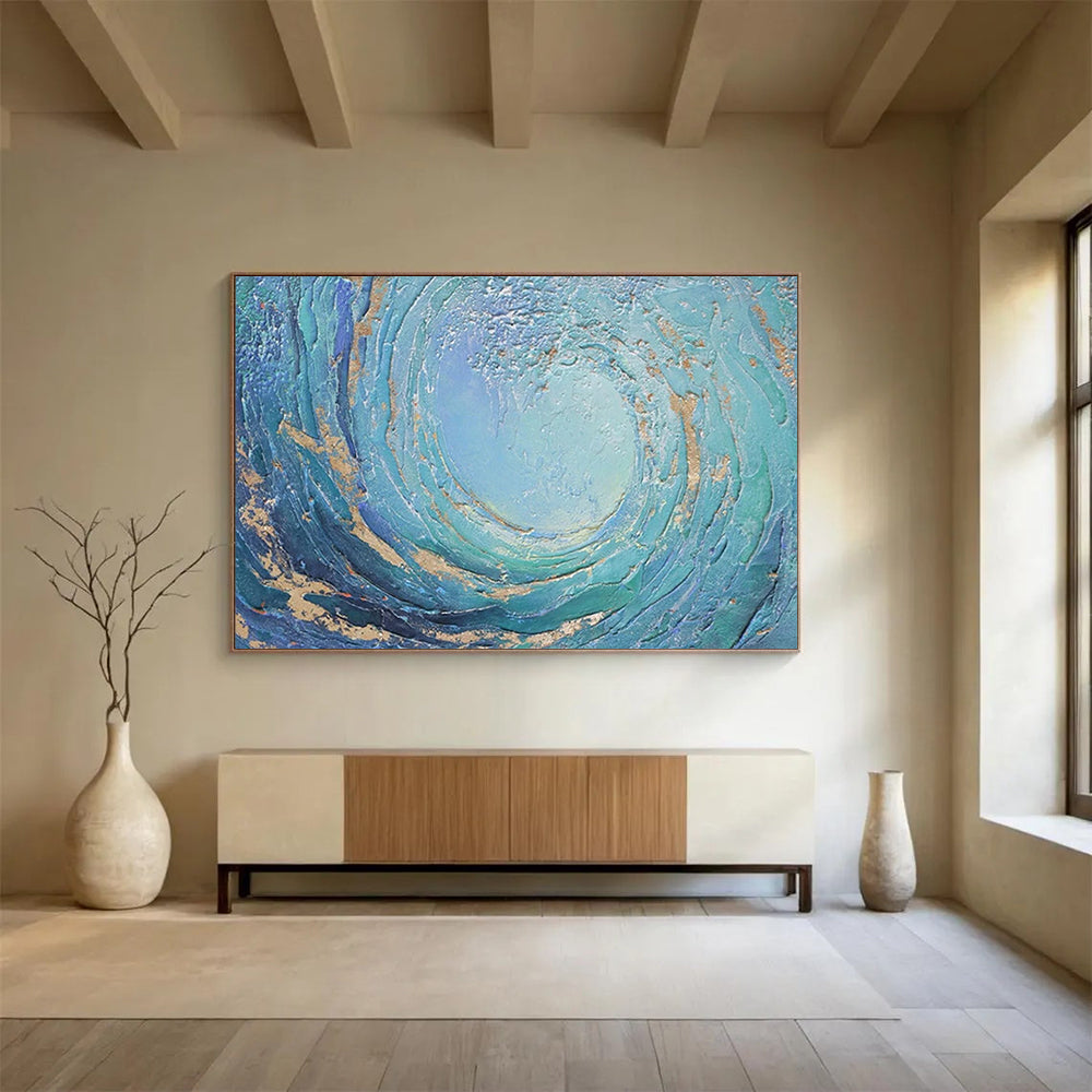 “Swirling Ocean Gold” - Blue, Teal & Gold Textured Wave Painting On Canvas DLZ254