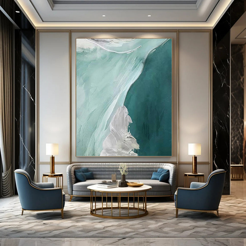 Teal & White Flow - Abstract Seascape Painting On Canvas DKH1236