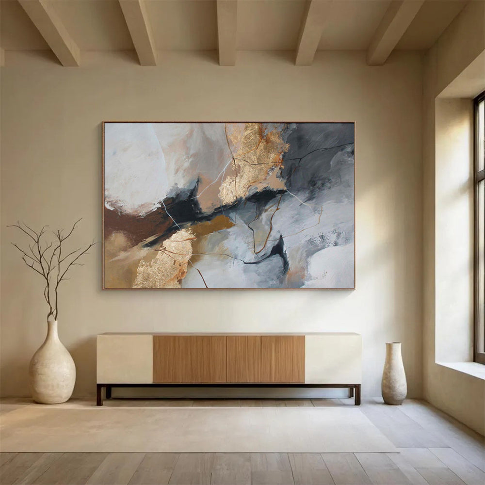 Gray, White, and Gold Abstract “Sophisticated Neutral Harmony” Painting On Canvas DKH132
