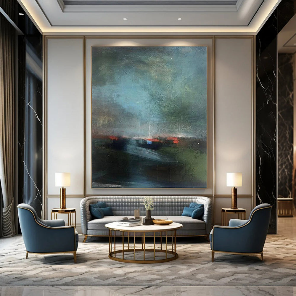 Misty Landscape in Muted Greens and Blues - Abstract Landscape Painting On Canvas DKH1408