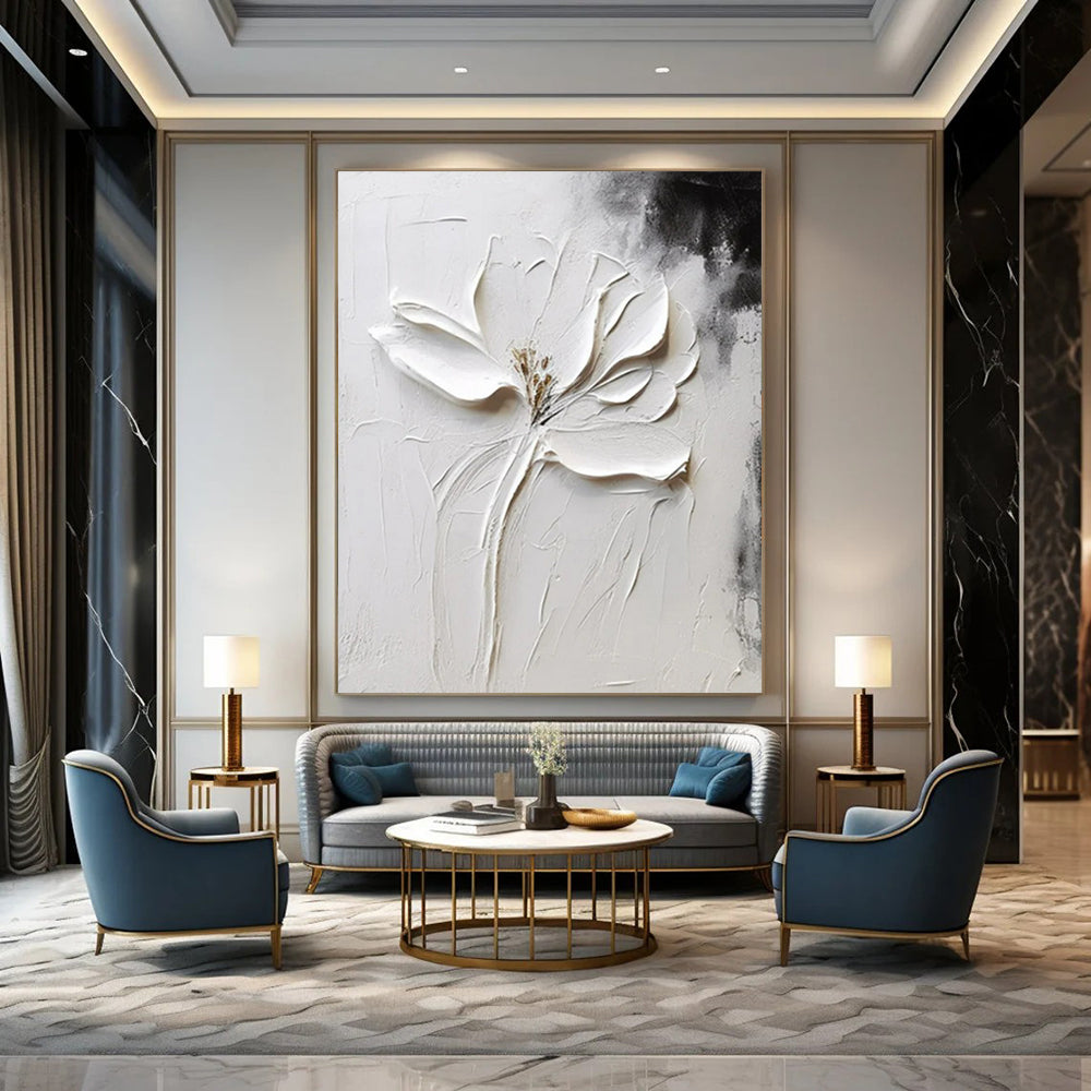 “Sculpted White Flower” - Black & White Floral Painting On Canvas CT2217